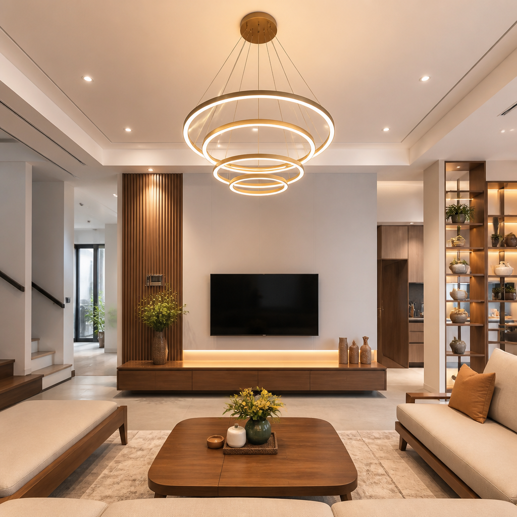 Đèn bàn đặt trên góc làm việc gọn gàng