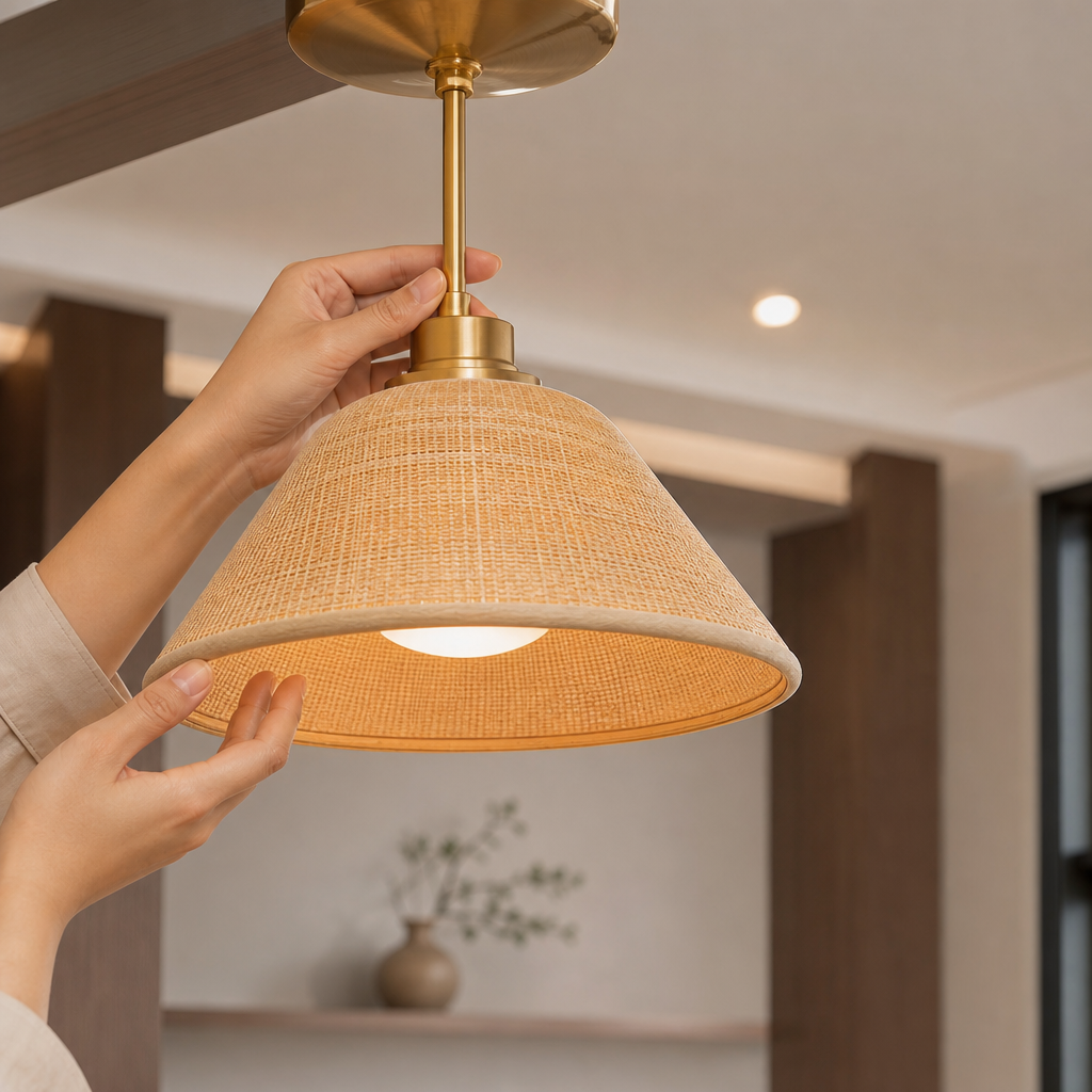Đèn chùm đã được treo lên trần và đang được kiểm tra độ cân bằng